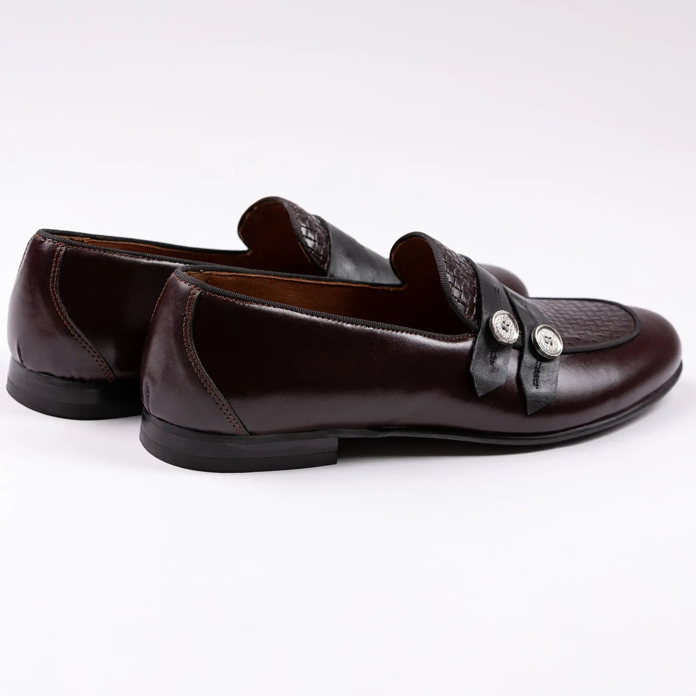 Lodevole Mens Two-buttoned Woven Loafers Burgundy Back Isometric View