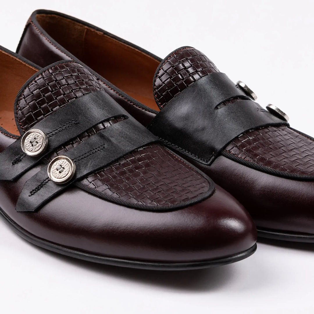 Lodevole Mens Two-buttoned Woven Loafers Burgundy Close Up View