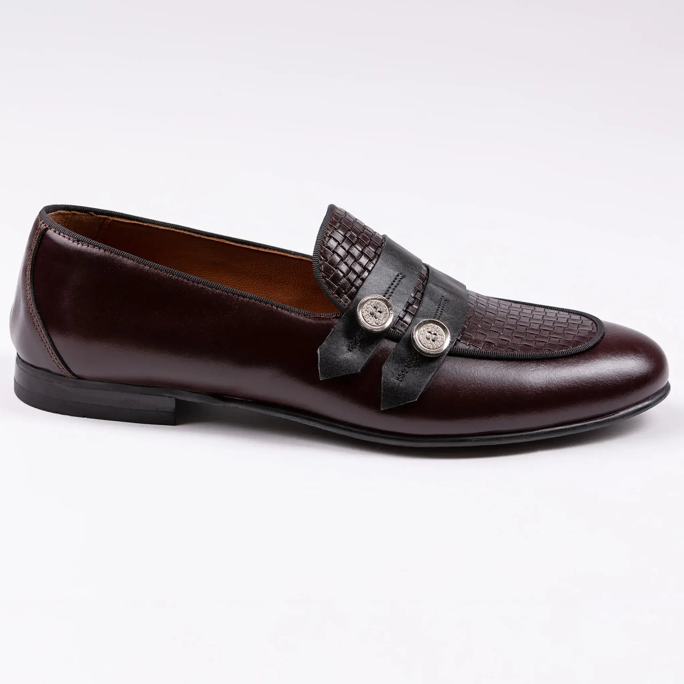 Lodevole Mens Two-buttoned Woven Loafers Burgundy Right Side View