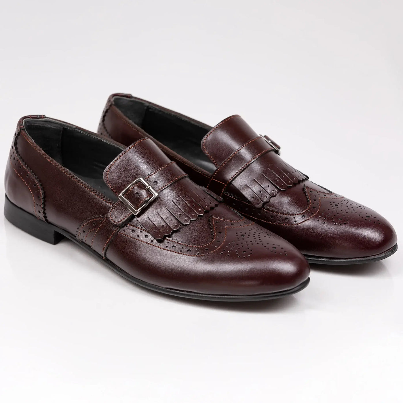 Lodevole Mens Wingtip Monk Strap Loafers Burgundy Front Isometric View