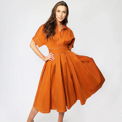 Lodevole Womens Days of Autumn Dress Rust Front View Left Skirt Lifted