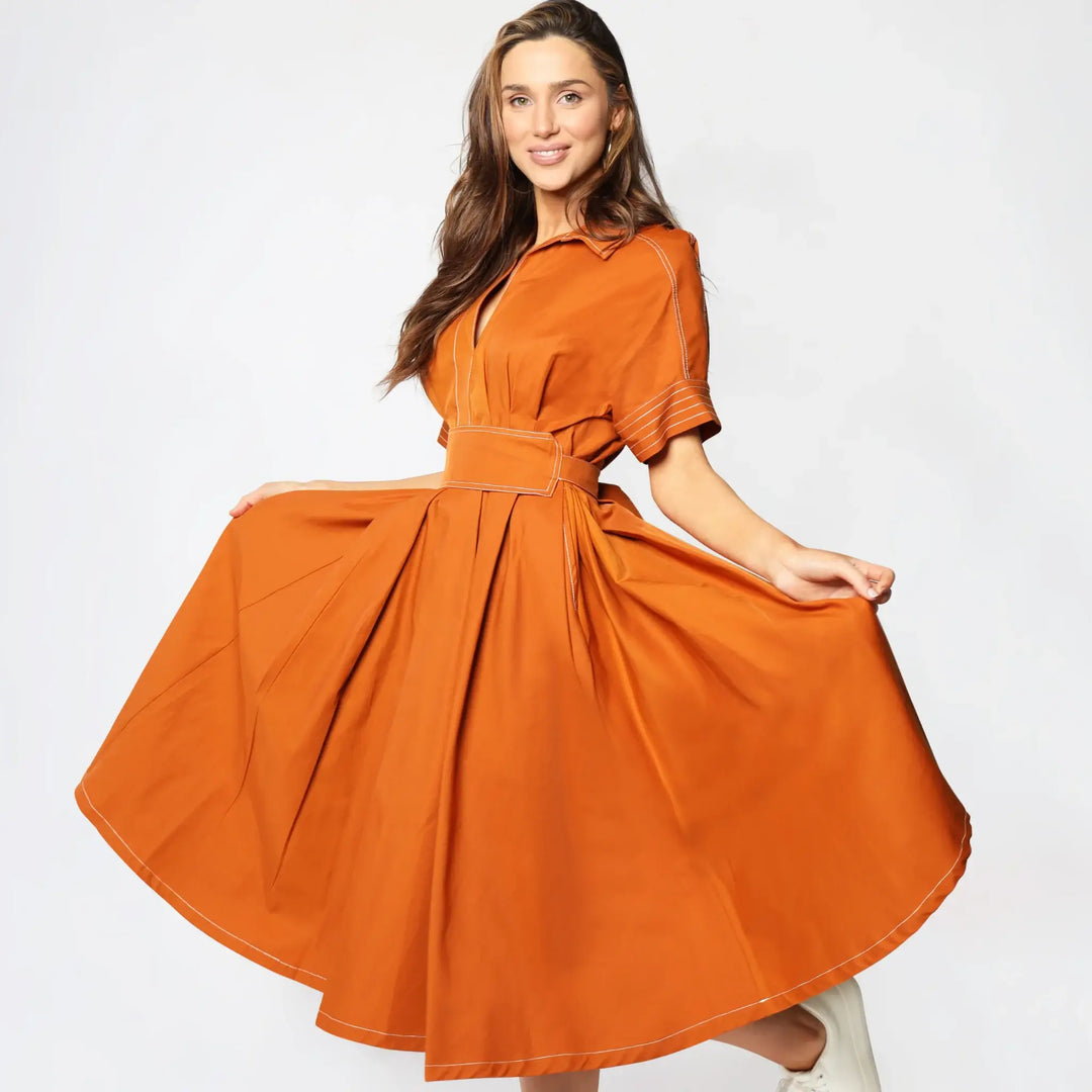 Rust Orange Dolman Sleeves Women's Midi Dress | Lodevole Rust Orange Dolman Sleeves Women's Midi Dress | Lodevole