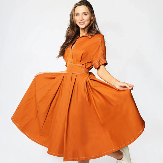 Lodevole Womens Days of Autumn Dress Rust Front View Skirt Both Sides Lifted
