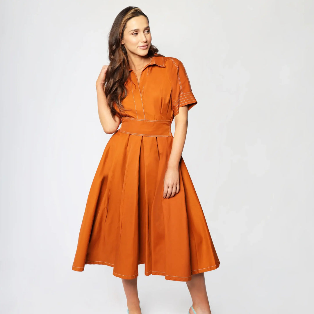 Rust Orange Dolman Sleeves Women's Midi Dress | Lodevole Rust Orange Dolman Sleeves Women's Midi Dress | Lodevole