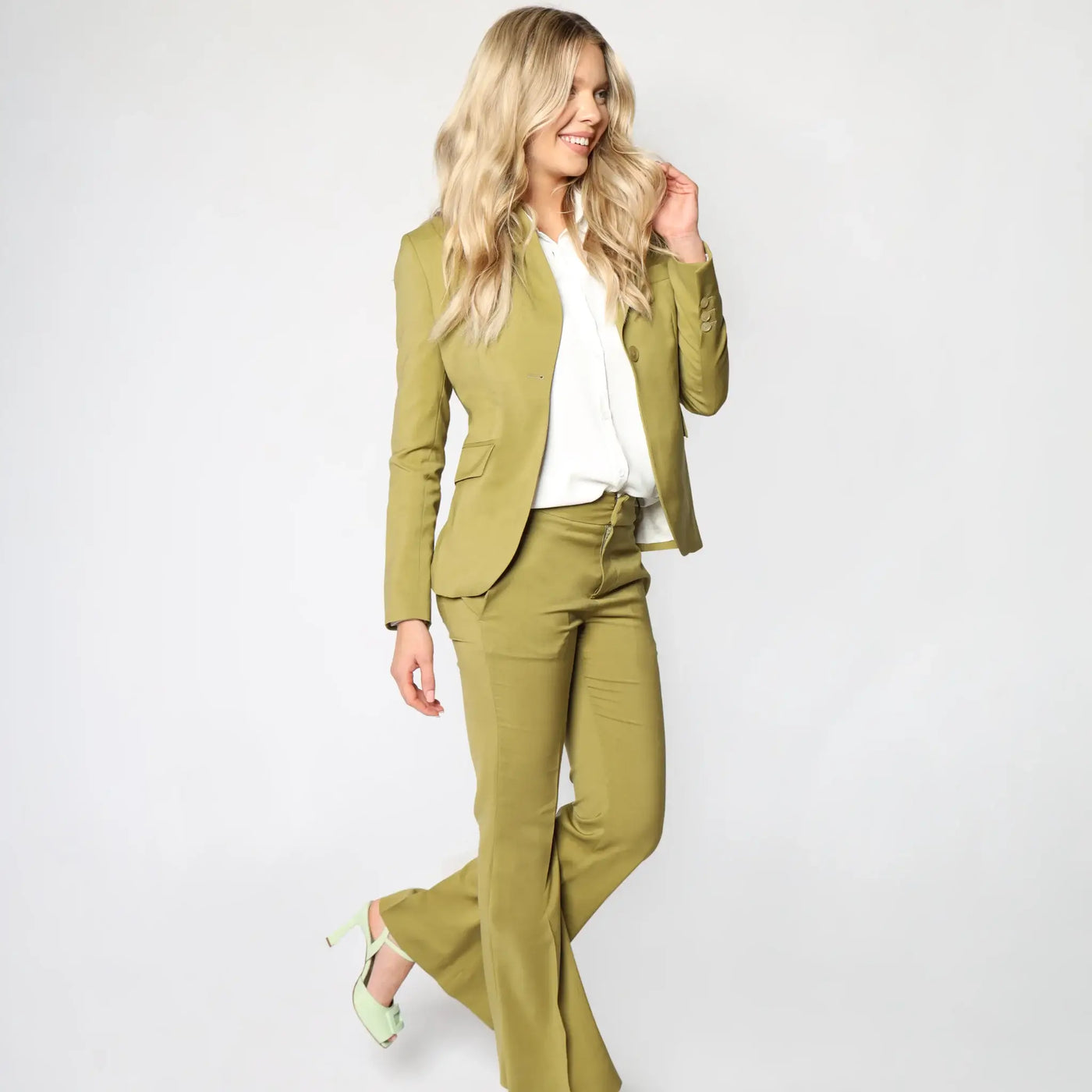 Lodevole Womens Living for Luxe Green Blazer Side View Walking Stance