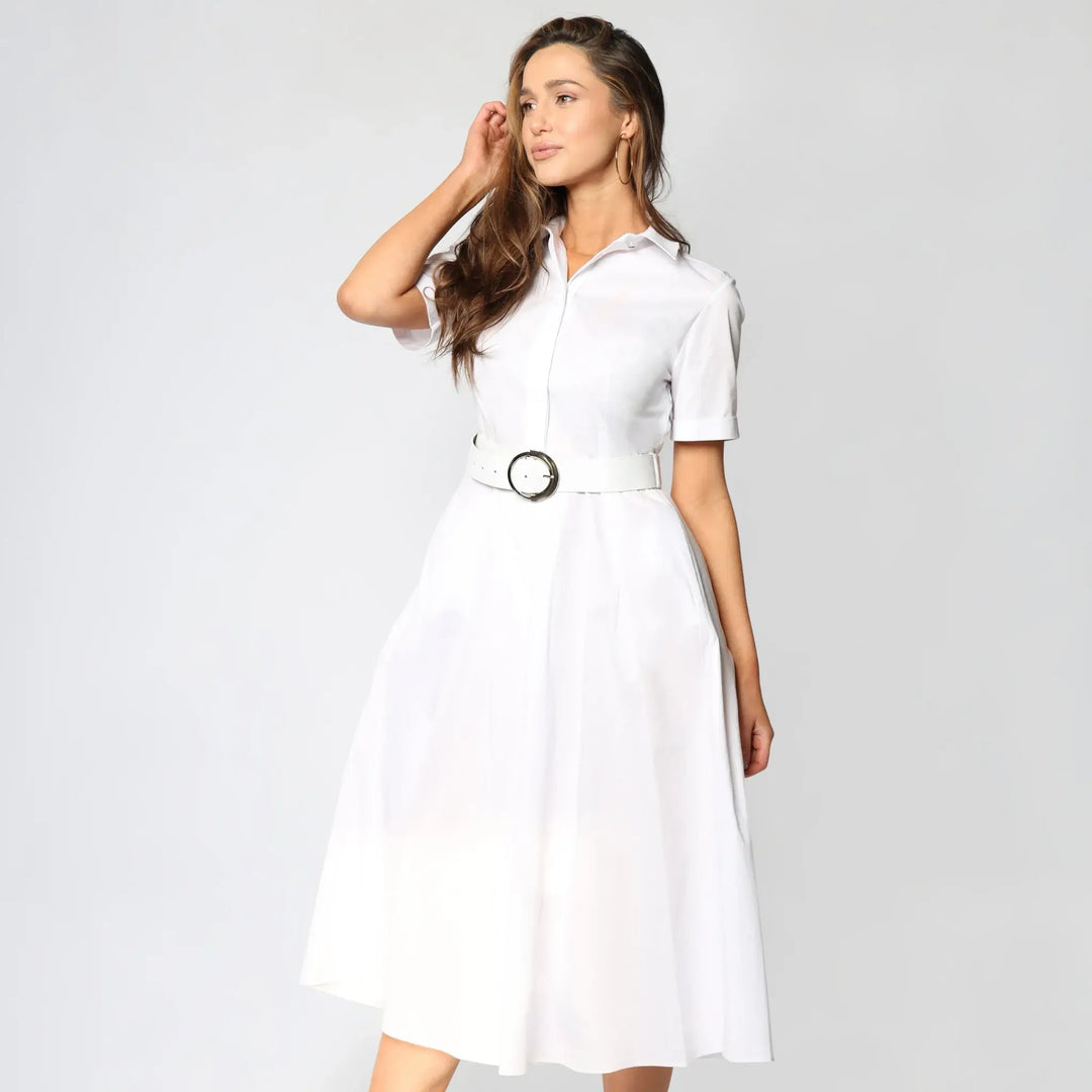 Short-Sleeve White Cotton Midi Dress Women