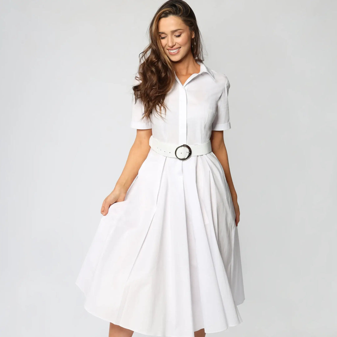 Short-Sleeve White Cotton Midi Dress Women